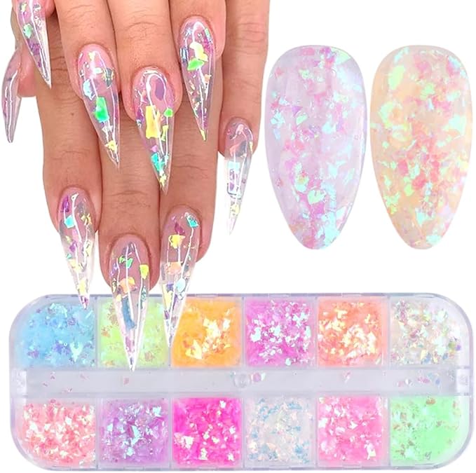 12 Colors Holographic Nail Art Glitter Sequins Iridescent Ice Slag Nail Glitter Laser Nail Art Flakes Colored Fluorescent Glass Paper Nail Sticker Decoration for Face Hand Body Make-Up DIY-BrightBean Baby