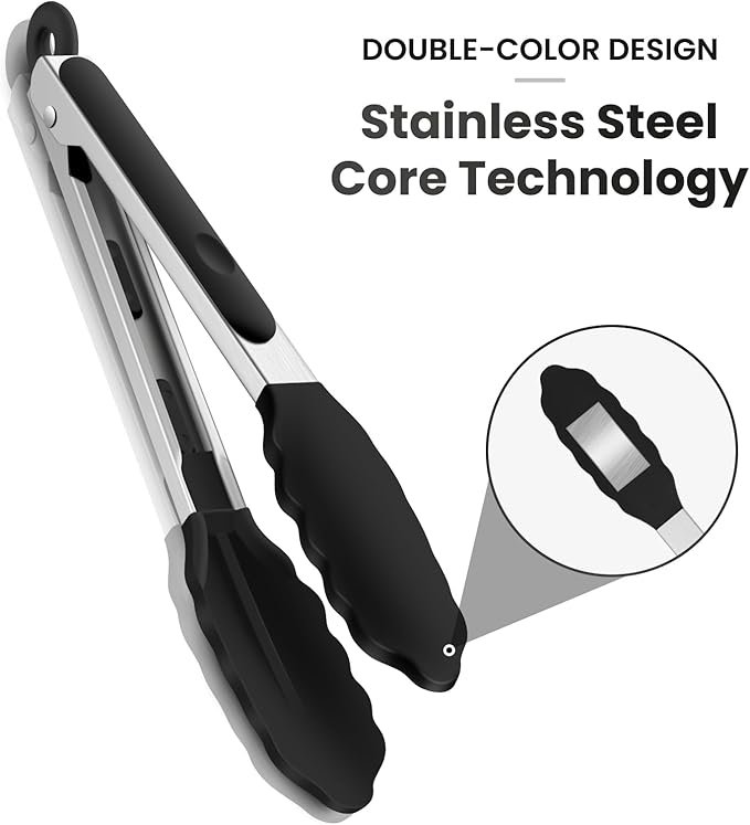 600℉ Heat Resistant Kitchen Tongs for Cooking with Silicone Tips,Maywe Tanso 9-Inch Stainless Steel Locking Cooking Tongs Food Tongs for BBQ,Cooking,Salad and Serving Food,Heavy Duty,Non-Stick(Black)