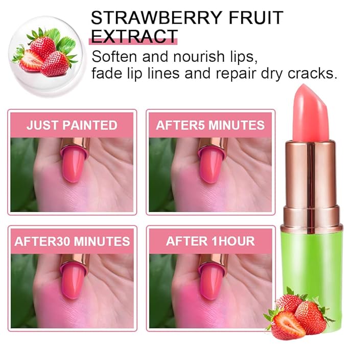 evpct 2Pcs Strawberry Color Changing Lipstick Tinted Lip Balm Gloss Stain Set Magic PH Color Changing Flower Lazy Korean Jelly Lipstick Makeup Set labiales mate 24 horas originales labial magico-BrightBean Baby