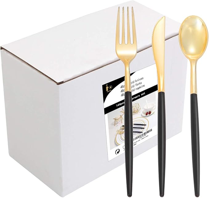 I00000 144 PCS Black Silverware Set, Plastic Silverware with Black Handle, Gold Plastic Cutlery Includes: 48 Forks, 48 Knives and 48 Spoons for Party or Dinner& Wedding