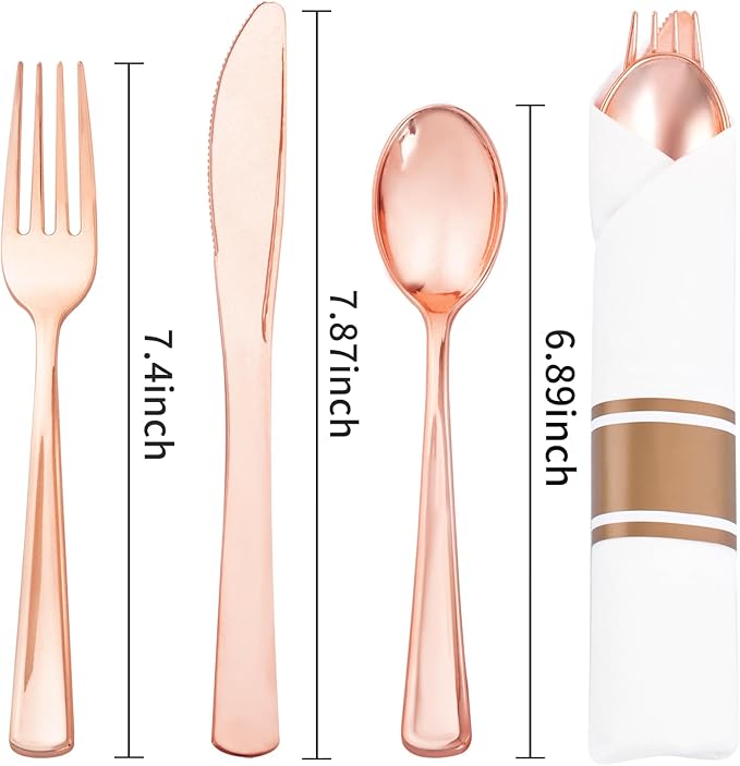 Liacere 100Pack Rose Gold Plastic Silverware - Pre Rolled Napkins with Rose Gold Cutlery - Wrapped Silverware Set Disposable100 Forks Knives Spoons Wrapped Utensils for Wedding&Christmas