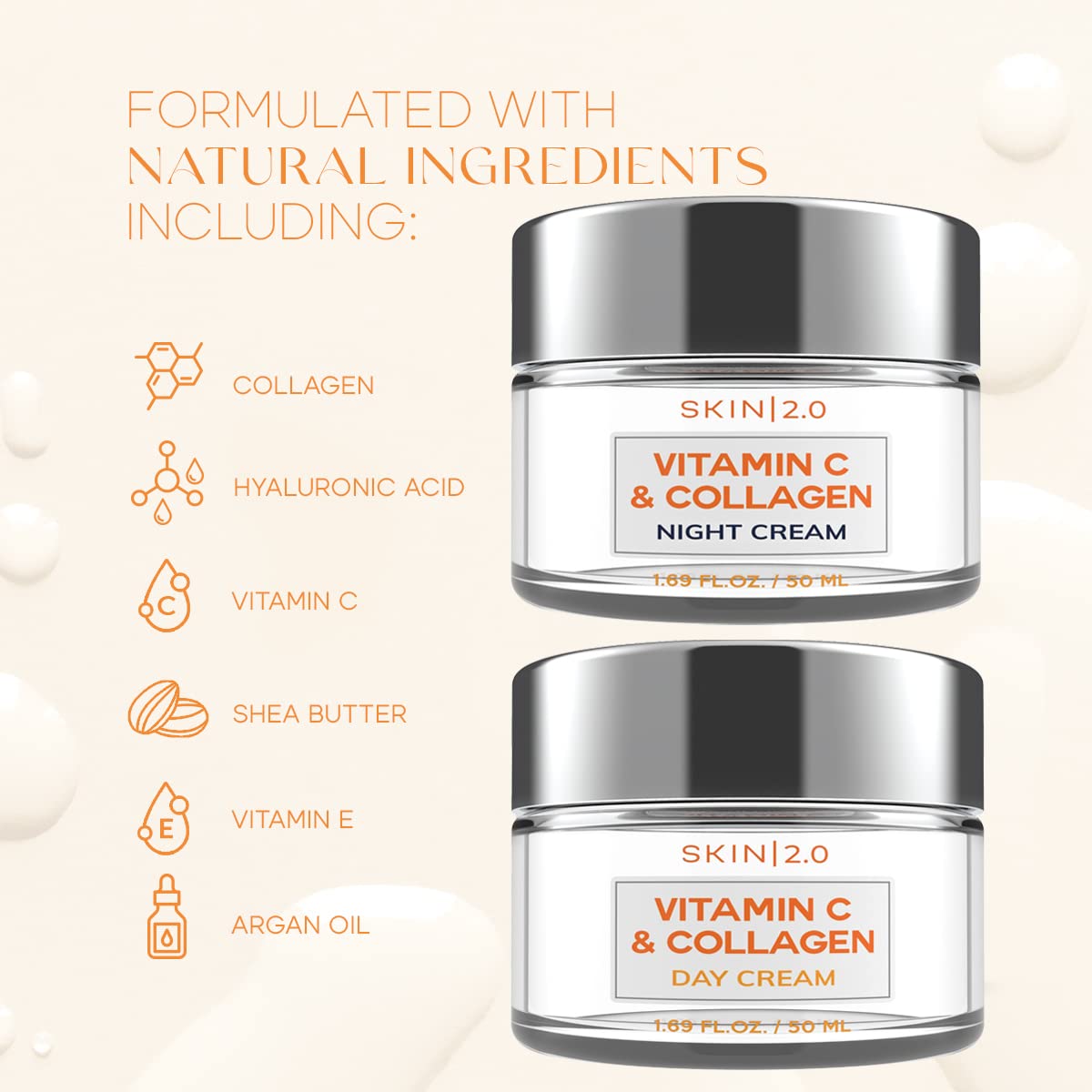 Vitamin C & Collagen Day & Night Face Moisturizer Cream - Dermatologist Tested, Brightening, Anti-Aging, Clean Beauty, Cruelty-Free Korean Skincare for All Skin Types - 1.69 oz (2-Pack)-BrightBean Baby