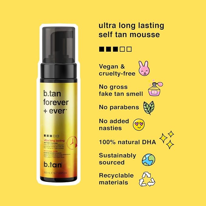 b.tan Ultra Long Lasting Self Tanner Mousse | Forever & Ever - Lasts Up to 11 Days, Fast, 1 Hour Express Sunless Tanning Foam, No Fake Tan Smell, Dark Bronze Glow, Vegan, Cruelty Free, 6.7 Fl Oz-BrightBean Baby