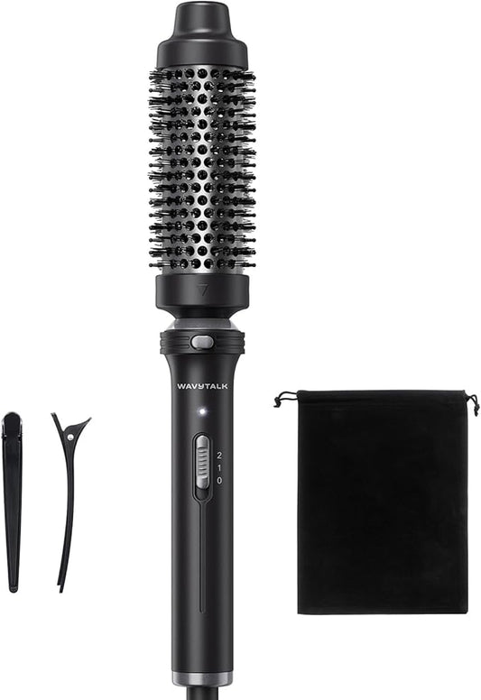 Wavytalk Thermal Brush, 1 1/2 inch Heated Round Brush with Detachable Head, Velvet Pouch and Dual Voltage for Travel, Easy to Create Blowout Look, Classic Black-BrightBean Baby