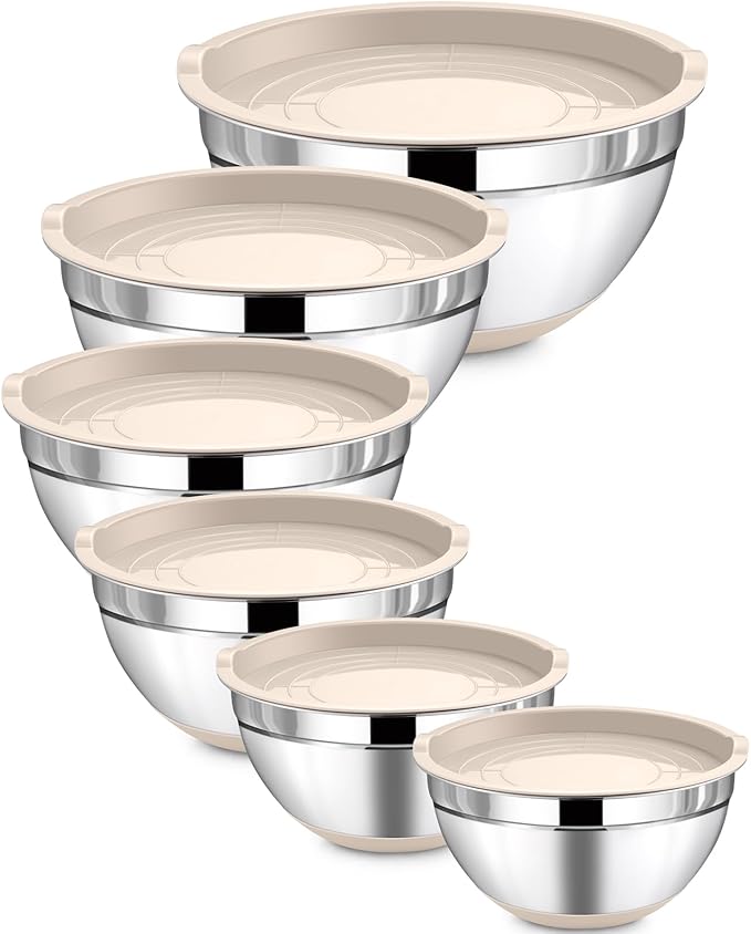 LIANYU Stainless Steel Mixing Bowls Set with Airtight Lids, 6 Piece Nesting Metal Bowls for Kitchen Baking Cooking Serving Food Storage, Size 7, 3.5, 2.5, 2, 1.5, 1QT, Non-slip Bottom, Khaki