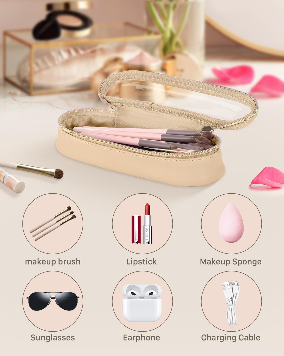 Clear Travel Makeup Brush Holder, Leather Makeup Brush Toiletry Bag, Portable Cosmetic Brush Case, Transparent Waterproof Makeup Brush Storage Bag, Khaki-BrightBean Baby