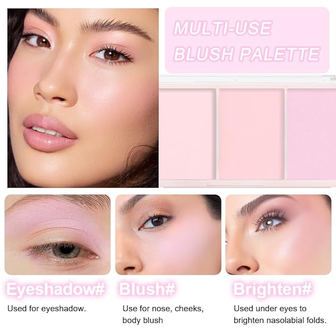 3 IN 1 Brown Nude Face Highlight Bronzer Powder Palette for Face Cheeks Contour Brightening, Buildable Matte Coverage Natural Makeup,Ultra Sculpt Nose Shadow Eyeshadow Primer-Pink-BrightBean Baby