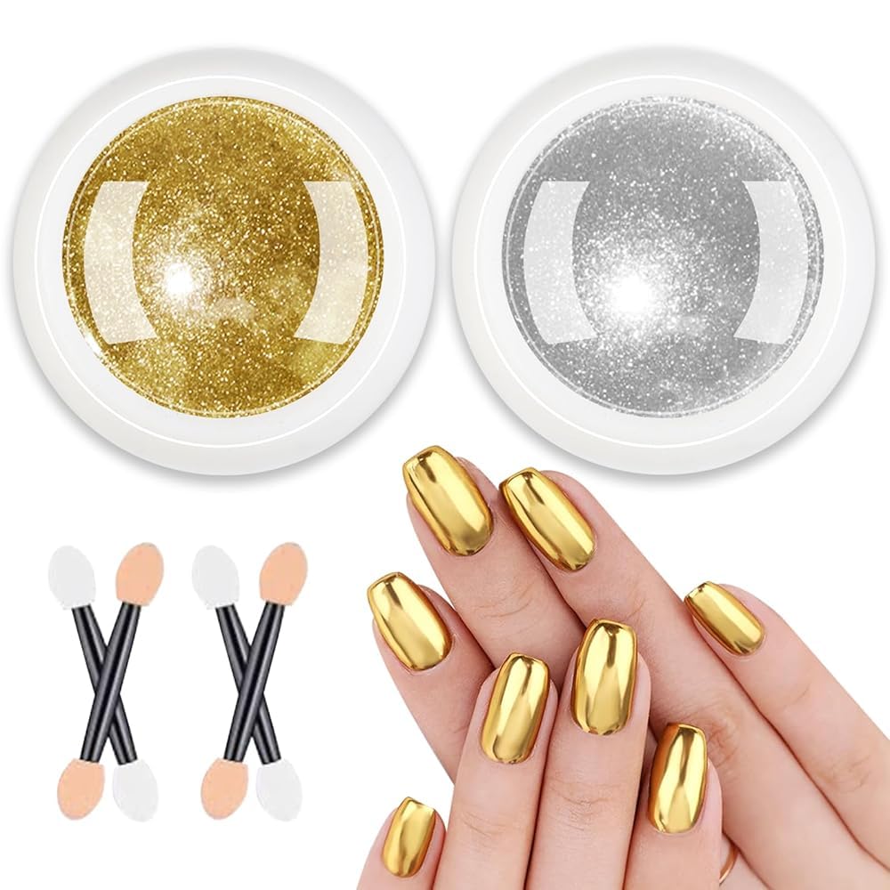 2 Jars Chrome Nail Powder：Mirror Effect Gold Chrome Nail Powder,Metallic Mirror Silver Chrome Powders Decoration for DIY Nail Art,Pigment Holo chrome powder with 4 Eyeshadow Sticks-BrightBean Baby