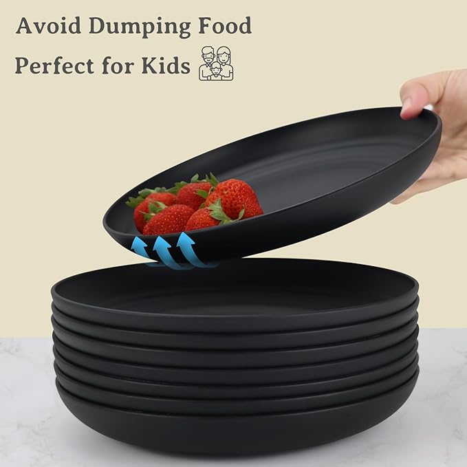 Wrova Large Wheat Straw Dinner Plates - 11 Inch Unbreakable Set of 8 - Dishwasher & Microwave Safe, Deep Edge for Kitchen and Camping (Black)