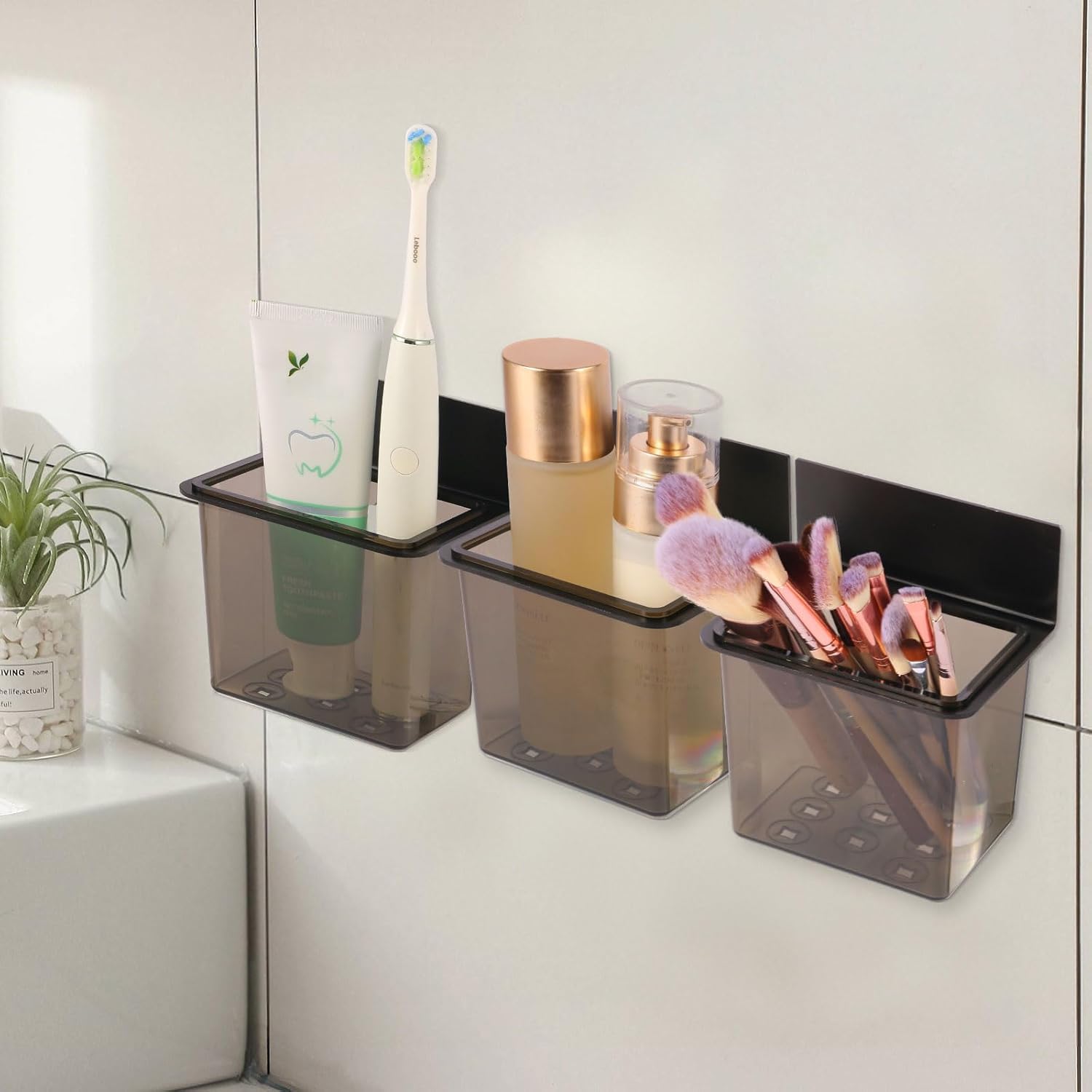 3 Pack Modern Black Metal Clear Plastic Toothbrush Holders,Toothpaste Holder Set - Kids & Adults with Wall-Mounted Metal Bathroom Organizer Set for Bathroom-BrightBean Baby