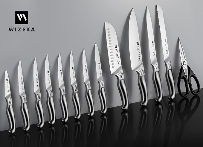 WIZEKA Kitchen Knife Set with Block: 15PCS German Stainless Steel Knife Block Set,One-Piece Design Knives Set for Kitchen, Professional Knife Set with Built-in Sharpener,Starry Sky Series