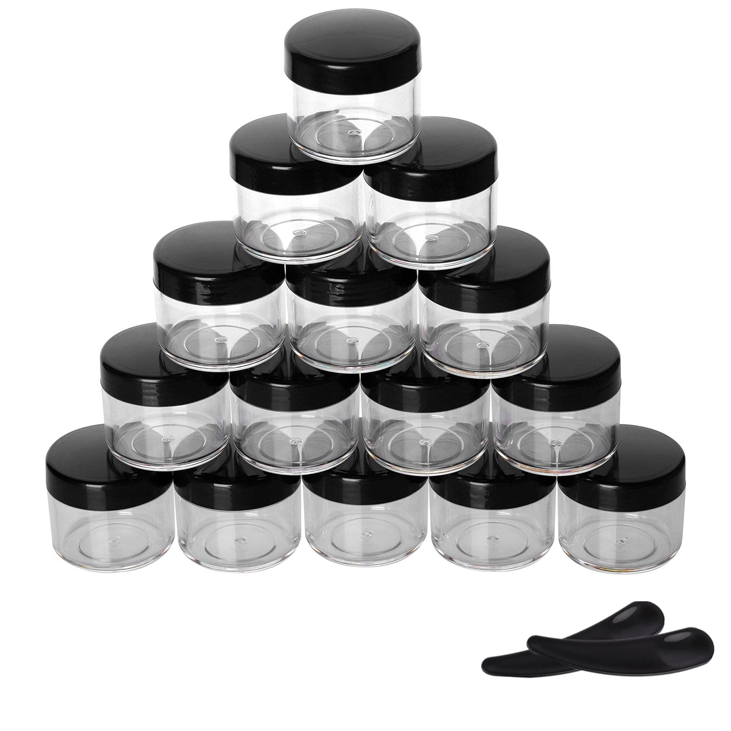 Refillable Cosmetic Sample Jars - 100 Pack 15g (0.5oz) Black Small Travel Containers with Lids + 10 Mini Makeup Spatulas - BPA Free-BrightBean Baby