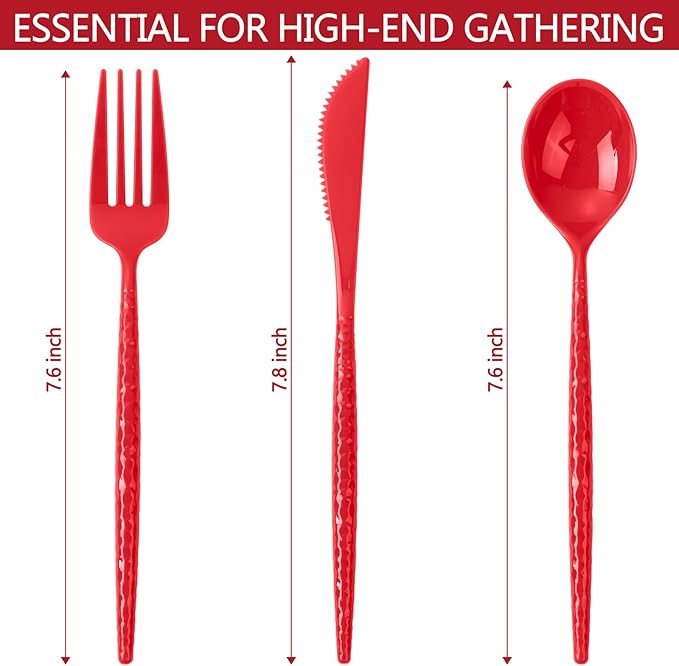 LIYH 150 Pcs Red Plastic Cutlery Sets - Red Plastic Silverware Heavyduty, Disposable Utensil Sets, 50 of Each Forks, Knives & Spoons Flatware Set for Party Birthday