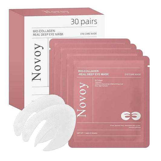 Novoy 30 Pairs Bio-Collagen Real Deep Eye Patches - 6-in-1 Retinol Overnight Eye Patches for Dark Circles, Puffiness & Wrinkles | 2% Caffeine+Hyaluronic+Niacinamide, Korean Popular Eye Mask - ROSE-BrightBean Baby