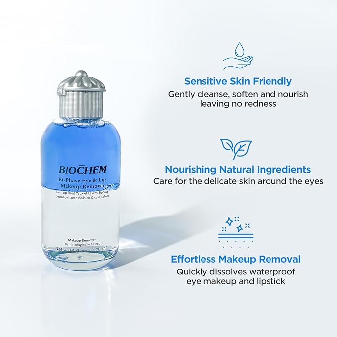 BIOCHEM Bi-Phase Eye & Lip Heavy Makeup Remover, Waterproof Mascara Remover, Gentle Cleanser liquid for Makeup with Natural Ingredients for Sensitive, Normal Skin Types (4.06 fl. oz / 120 ml)-BrightBean Baby