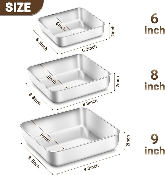 6,8,9 Inch Square Cake Pan Set of 3 - Non-Toxic Stainless Steel Brownie Pan, Heavy Duty & Dishwasher Safe, One Piece Design, Ideal Square Baking Pan for All Cakes & Multiple Purpose