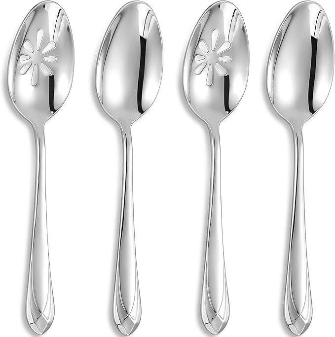 KEAWELL Premium Astra 4-Piece 9 inch Spoon Set – Mirror-Finished 18/10 Stainless Steel with Diamond-Faceted Handles Dishwasher Safe for Modern Dining (4, Serving Spoons and Slotted Spoons)