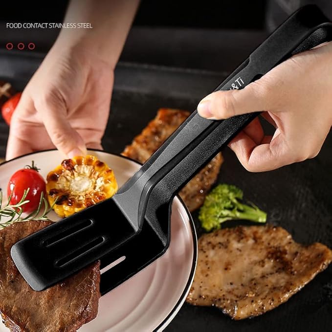 Mu&Ti Silicone Kitchen Tongs Spatula Tongs for Cooking 11 Inch Barbecue Clamp Spatula for Gripper Bread Clip Fried Steak Clamp Flipping Fish Beefsteak(Black)