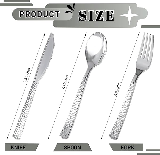 300Pieces Silver Plastic Silverware - Hammered Disposable Utensils - Heavy Duty Plastic Cutlery Set Includes 100 Forks, 100 Spoons, 100 Knives for Dinner Parties Weddings