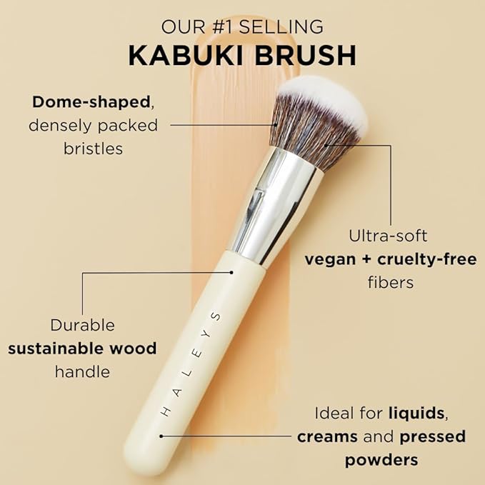 HALEYS Kabuki Makeup Brush + GWP Skin Tint Mini, VEGAN+CRUELTY-FREE, Sustainable Wood, Vegan Bristles for Airbrushed Finish, For Creams, Liquids, Powder, Streak-free, Perfect Blending, Buffs, Blurs-BrightBean Baby