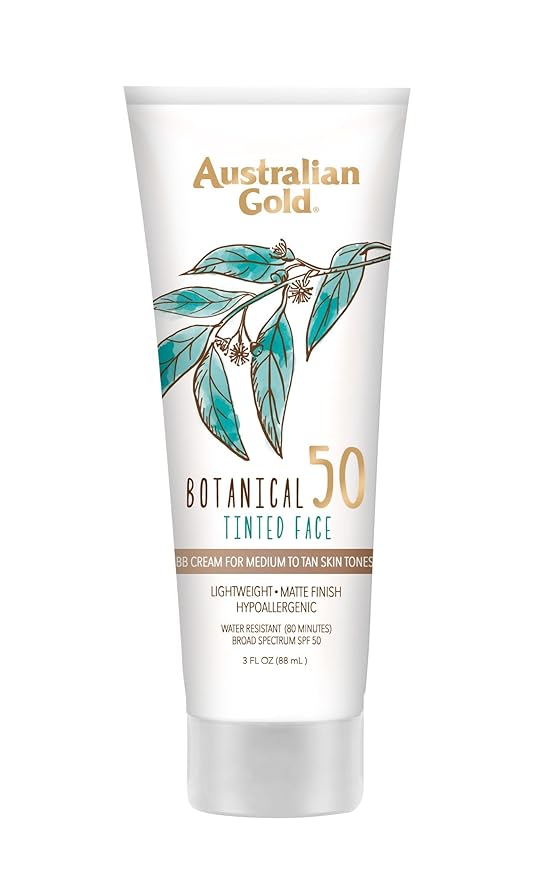 Australian Gold Botanical SPF 50 Tinted Mineral Sunscreen for Face, Non-Chemical BB Cream, Water-Resistant, Matte Finish, For Sensitive Facial Skin, Medium to Tan Skin Tones, 3 FL Oz-BrightBean Baby