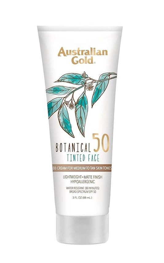 Australian Gold Botanical SPF 50 Tinted Mineral Sunscreen for Face, Non-Chemical BB Cream, Water-Resistant, Matte Finish, For Sensitive Facial Skin, Medium to Tan Skin Tones, 3 FL Oz-BrightBean Baby