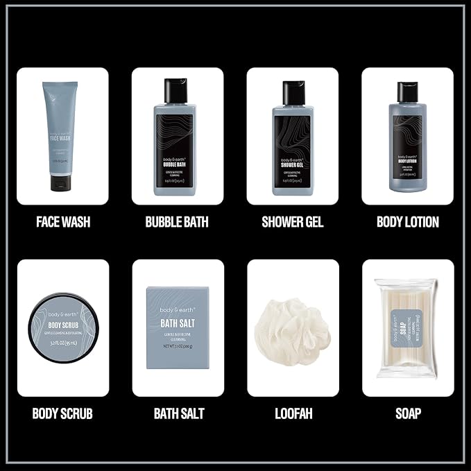 Gift Baskets for Men Body Wash Set Body & Earth Leathers Mens Bath Set with Body Lotion, Face Wash, Shower Gel, Bubble Bath, Loofah & More, Birthday Gifts for Men,regalos para hombre,Christmas Gifts-BrightBean Baby