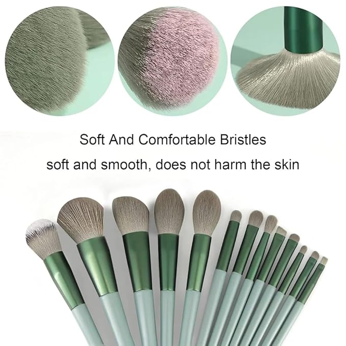 Foundation Makeup Brush Set Kit | 13 Pcs Premium Synthetic Kabuki Eye Shadows Make Up Brushes + 1 Sponge + 1 Brush Bag for Travel and Home Use (GREEN)-BrightBean Baby
