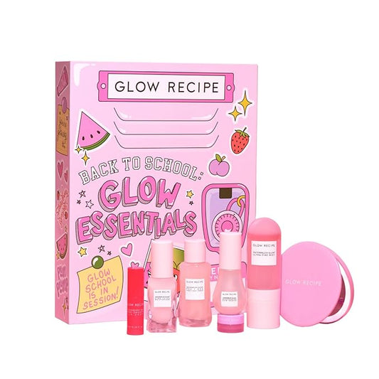 Glow Recipe Back to School Essentials Korean Skin Care Set - Watermelon Fine Mist, Dew Drops, PHA Facial Toner, Pink Juice Moisturizer, Strawberry Blur Drops, Glossy Balm & Compact Mirror (7 Count)-BrightBean Baby