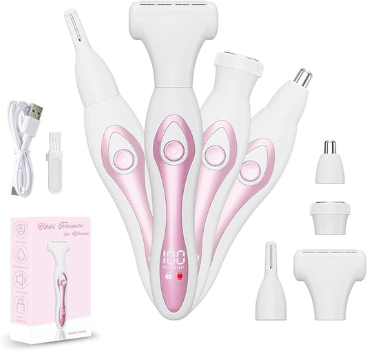 RUIM Electric Razors for Women, 4-in-1 Painless Bikini Trimmers with LED Display, Rechargeable Wet/Dry Body Razors for Arms, Legs, Pubic Hair, Face-BrightBean Baby