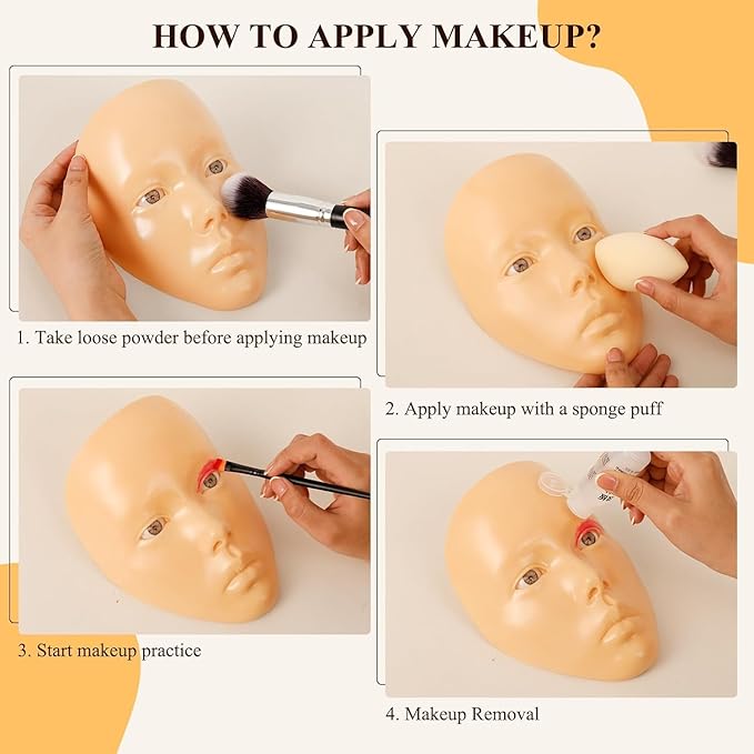 Makeup Practice Face, Eye Makeup Practice Head Silicone, Makeup Practice Accessories Set with Face Painting Mannequin Head, Makeup Brushes, Face Painting and Eyebrow Pen, Makeup Practice Gift, Yellow-BrightBean Baby