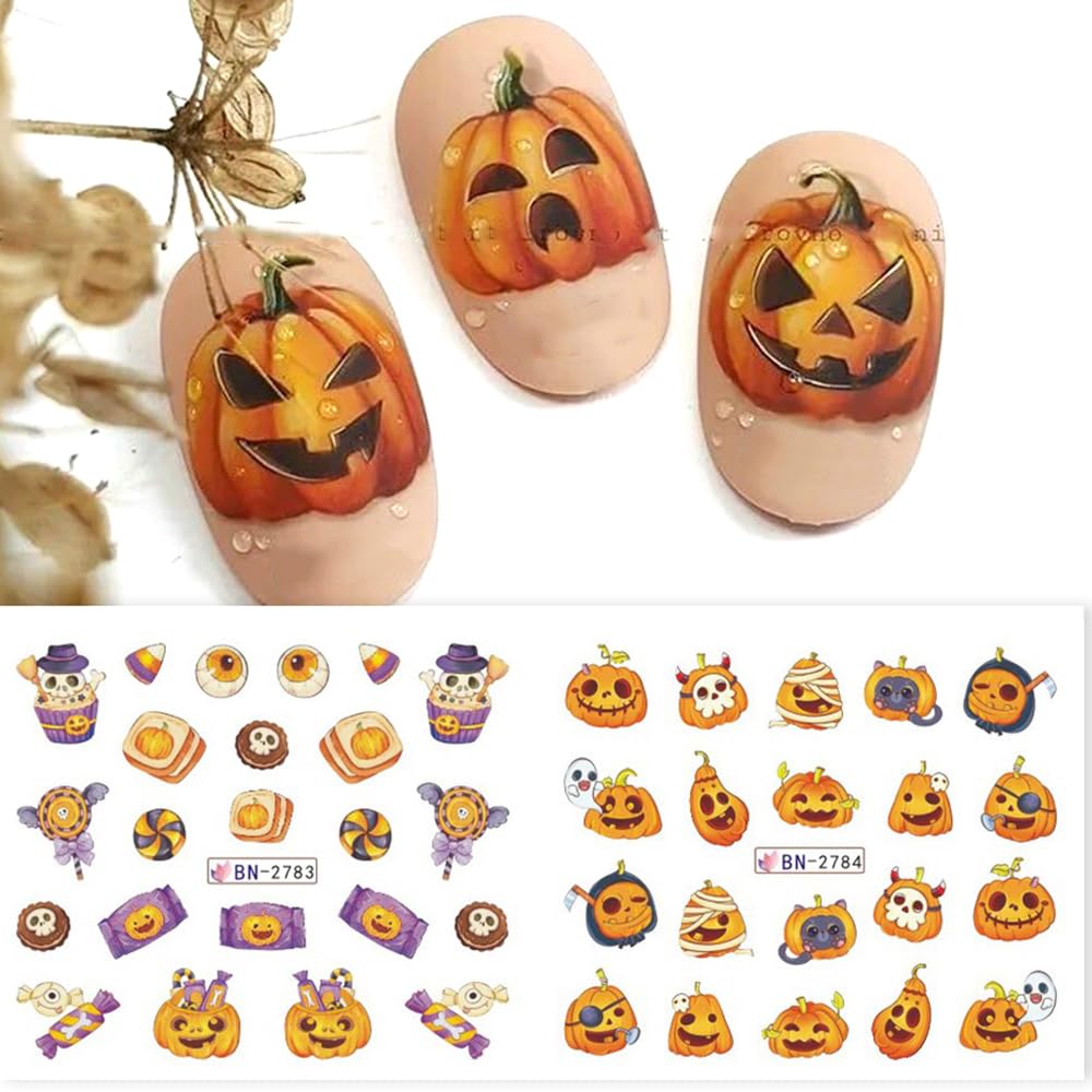 Halloween Nail Stickers 12 Sheets Pumpkin Halloween Nail Art Supplies Decorations Water Transfer Nail Decals Cute Ghost Witch Bat Skeleton Spider Design Watermark Slider Nail Foils for Women DIY-BrightBean Baby