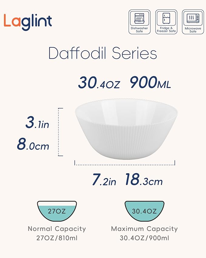 30 OZ Max Cereal Soup Bowl Set of 6, Opal Glass 7.2 inch White Ribbed Bowls for Ramen, Noodle, Salad, Fruit, Dishwasher and Microwave Safe