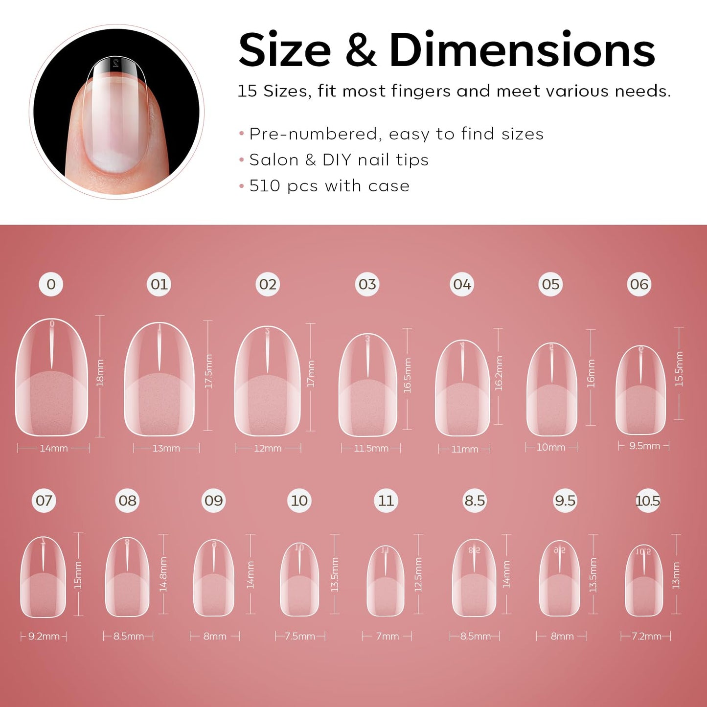 Modelones Extra Short Oval Round Nail Tips - 510Pcs Soft Fake Nails Tips Gel Pre-shaped Half Matte Full Cover No Filed False Extension Manicure Salon DIY at Home 15 Sizes-BrightBean Baby