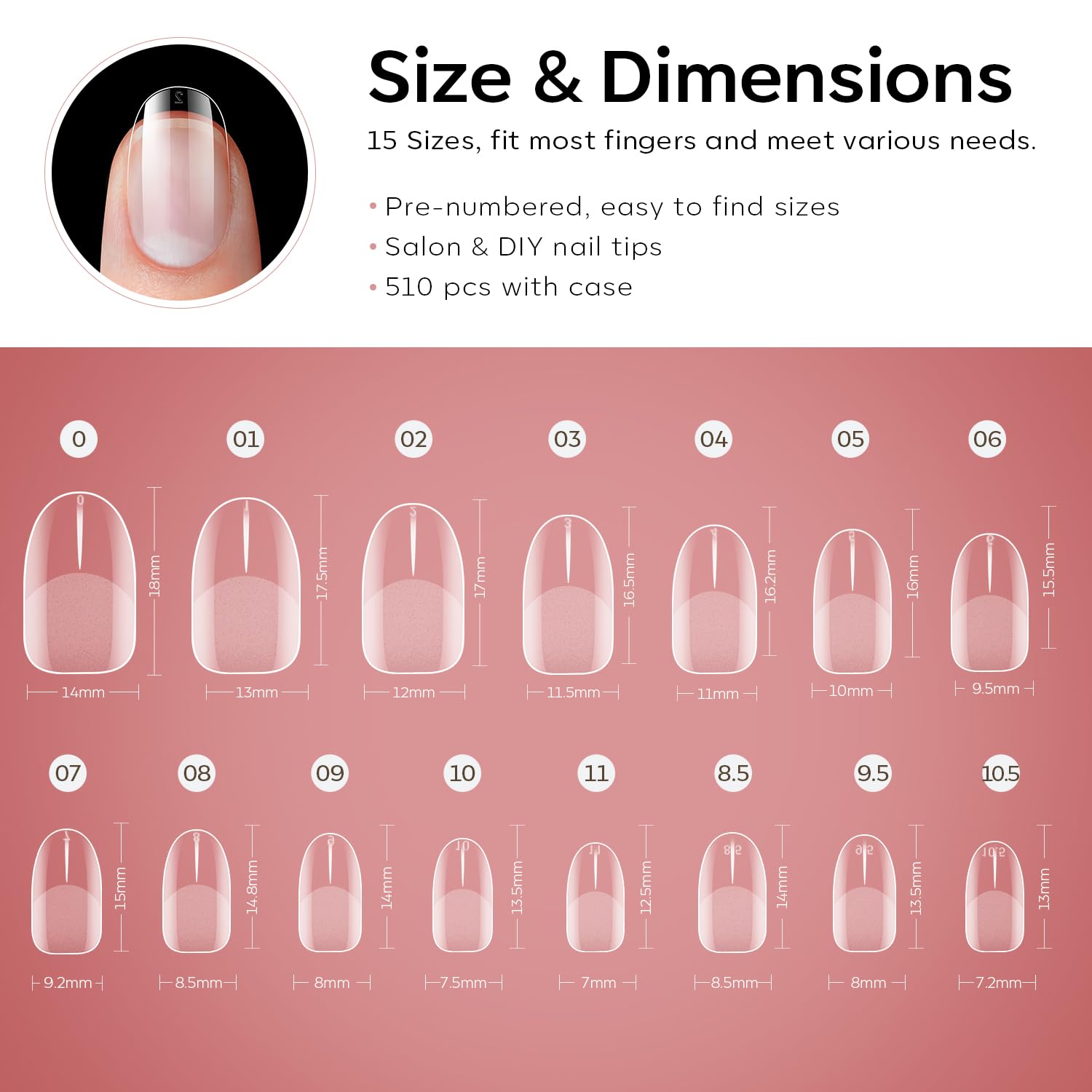 Modelones Extra Short Oval Round Nail Tips - 510Pcs Soft Fake Nails Tips Gel Pre-shaped Half Matte Full Cover No Filed False Extension Manicure Salon DIY at Home 15 Sizes-BrightBean Baby