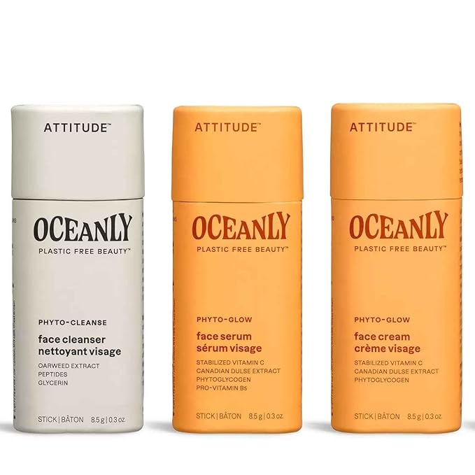 ATTITUDE Oceanly Glow Trio Skincare Box Set, EWG Verified, Plastic-free, Plant and Mineral-Based, Vegan, PHYTO GLOW, Set of 3 Travel Size Sticks-BrightBean Baby
