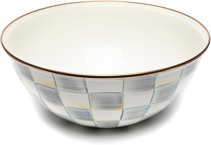 MACKENZIE-CHILDS Enamel Everyday Bowl, Serving Bowl for Entertaining, Large, Gray-and-White Sterling Check, Set of 1