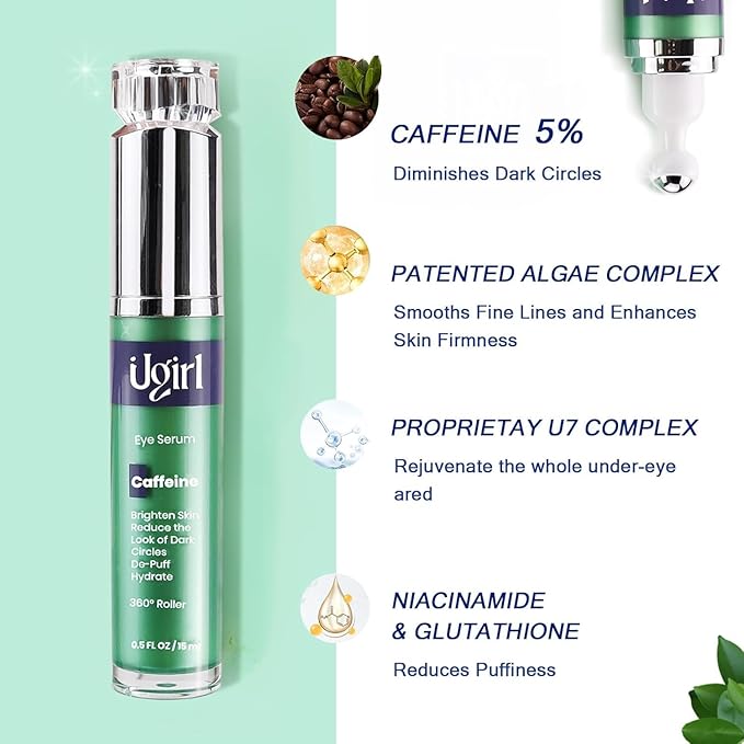 Eye Serum for Dark Circles, 5% Caffeine Under Eye Cream for Wrinkles, Morning Puffiness and Fine Lines, Deeply Repairs the Muscles Around the Eyes with 360°Massage Ball, 0.5 Fl Oz-BrightBean Baby