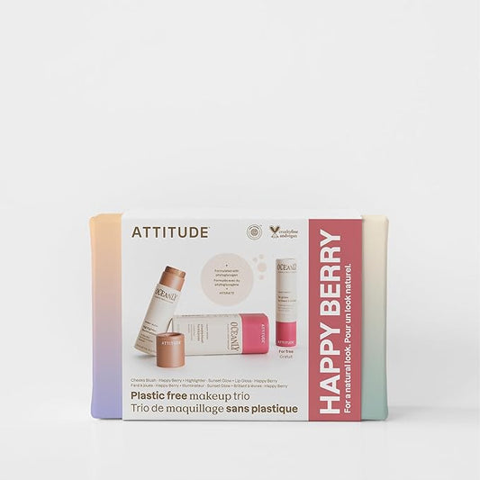 ATTITUDE Happy Berry Makeup Trio Set, EWG Verified, Titanium Dioxide-Free, Plastic-free, Plant and Mineral-Based Ingredients, Vegan and Cruelty-free Beauty Products, Set of 3 Makeup Sticks-BrightBean Baby