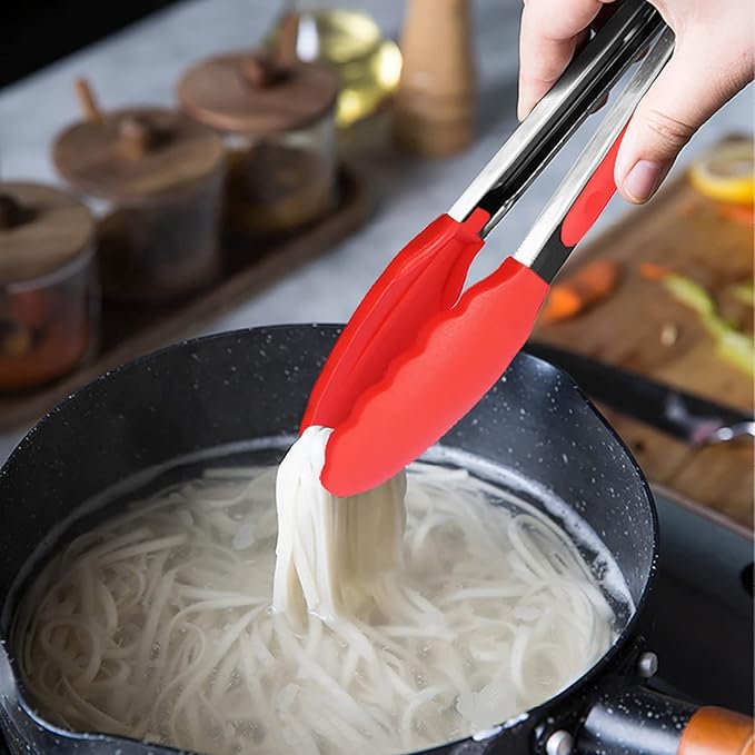 7-Inch Mini Silicone Tongs Small Serving Tongs for Appetizers, Set of 3 (Red)