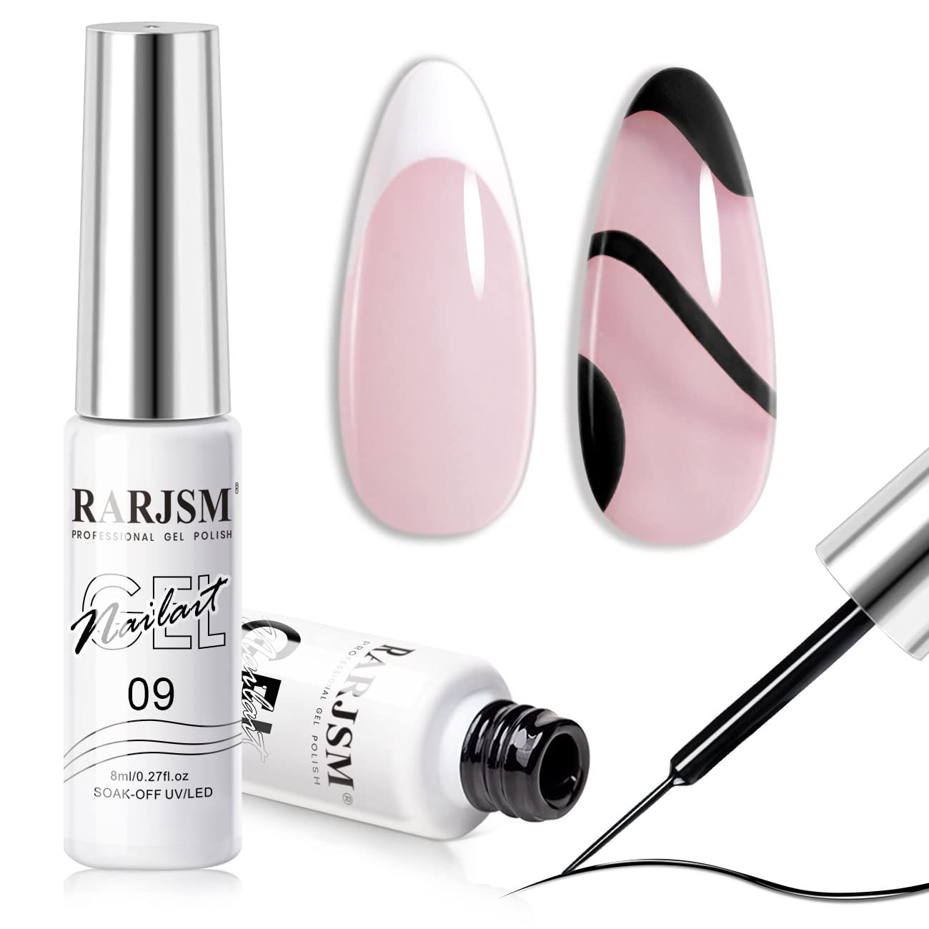 RARJSM Nail Art Gel,Liner Gel Polish,Black White Nail Design Polish Painted GelNailPolish Set 2Pcs Soak off Curing Requires 8ml Build in Thin Brush for Home Salon Diy Nails French Manicure Painting-BrightBean Baby