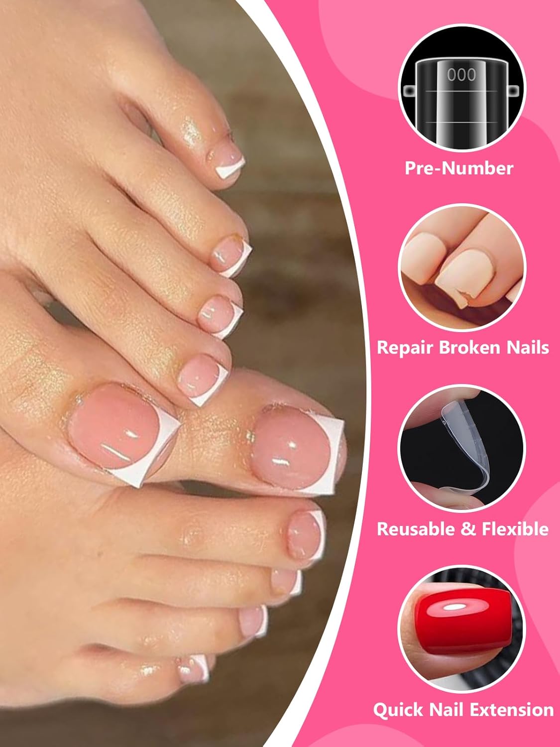 Poly Gel Toe Nail Form Set, EBANKU Reusable Toenails Dual Forms for Nail Extensions, Poly Gel Toe Nail Tips Pre-designed French Line Salon Home DIY Nail Art Supplies - 15 Sizes 150PCS-BrightBean Baby