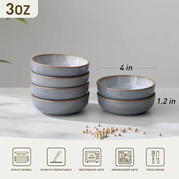 famiware Nature Ceramic Soy Sauce Dish, Dipping Bowls Set of 6, 3 oz Dipping Sauce Bowls/Dishes/Cups/Plates, Small Serving Bowls for Side Dishes, Condiments, Sushi, Appetizer, Dessert, Light Blue