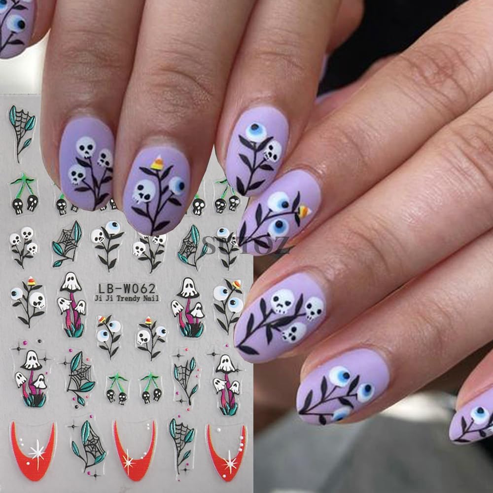 5 Sheets Halloween Nail Art Stickers Horror Ghost Self-Adhesive Embossed Flower Skull Nail Decals - with Cute Sunflower Strawberry Spider Ghost Designs for Women Girls DIY Nail Decoration-BrightBean Baby