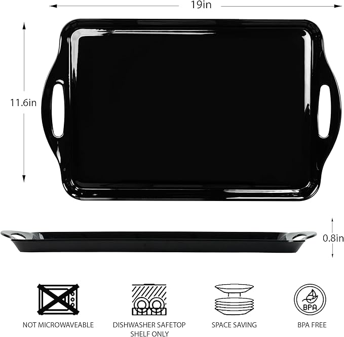 Large Black Serving Tray with Handles, 19''x11.6'' Halloween Thanksgiving Melamine Platters, Rectangular Trays for Serving Food, Turkey, Cookie, Cupcakes, Desserts, Dishwasher Safe, BPA-Free, Set of 2