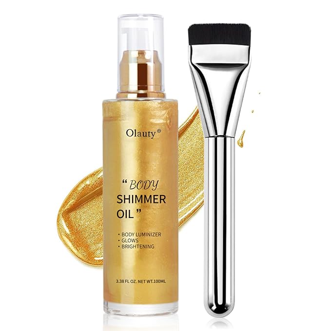 Shimmer Body Oil-Gold Face Brighten Glow Pearl Highlighter Liquid Illuminator Body Glow Oil,4 Color Bronze Makeup Glitter Body Shimmer Oil with Makeup Brush-BrightBean Baby