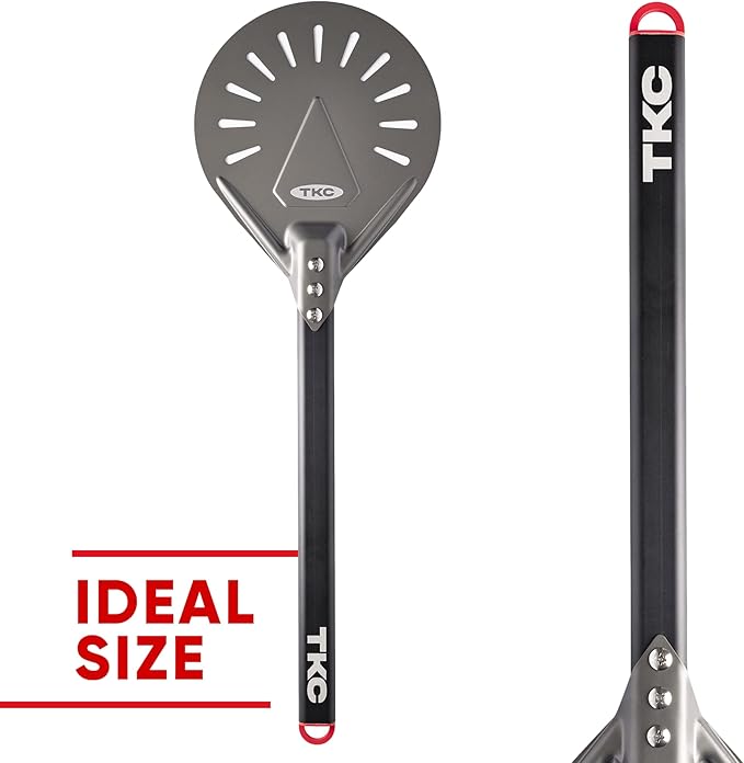 TKC 8" Perforated Pizza Peel - Professional Aluminum Pizza Turning peel - Long Handle Metal Pizza Spatula for Indoor and Outdoor - Lightweight Non-Stick Pizza Turner - Pizza Oven Accessories