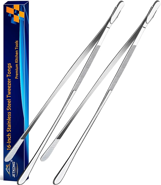 JETKONG 2 Pcs 16-Inch Food Tweezers Extra Long Kitchen Tweezer Tong Chopsticks Tongs Large Stainless Steel Cooking Tweezers (Round-Tips)