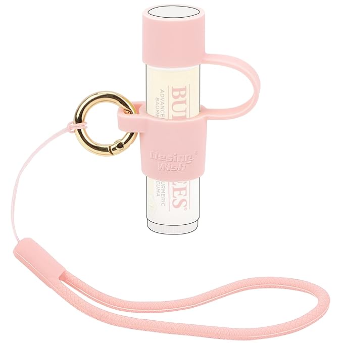 Desing Wish Silicone Lip Balm Holder with Cap Cover Portable Chapstick Holder Keychain Sleeve Lip Balm Key Chain with Key Ring and Wrist Strap Lanyard - Pink-BrightBean Baby