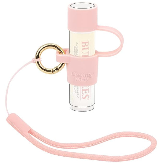 Desing Wish Silicone Lip Balm Holder with Cap Cover Portable Chapstick Holder Keychain Sleeve Lip Balm Key Chain with Key Ring and Wrist Strap Lanyard - Pink-BrightBean Baby